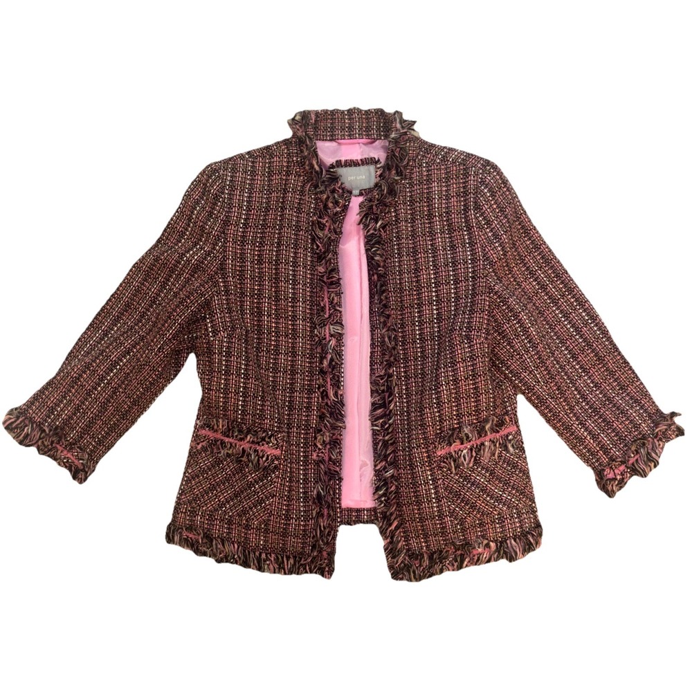 Per Una FRINGE BLAZER COAT Sz 12 Lg JACKET BLACK Pink Tweed Pockets Feminine Y2K